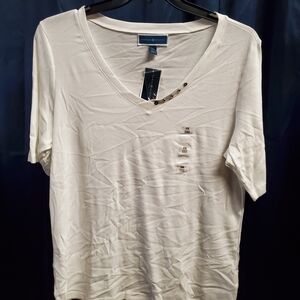 White V-Neck T-Shirt with Stud Detail